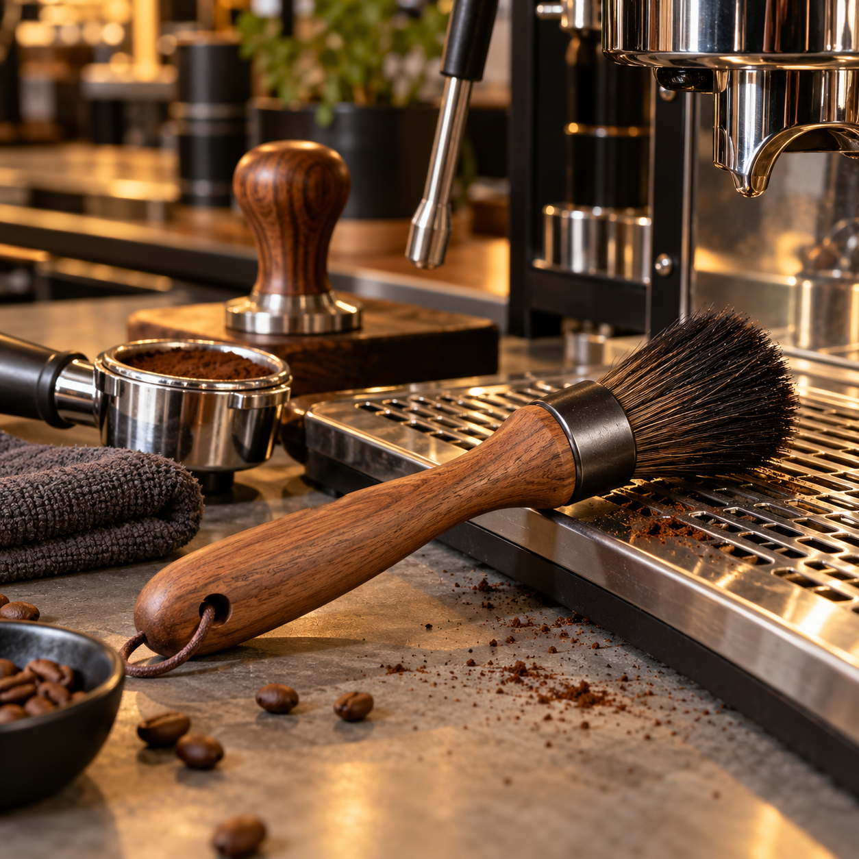 Barista Pinsel neben Kaffeemühle und Siebträger zum Entfernen von Kaffeemehl und Kaffeestaub