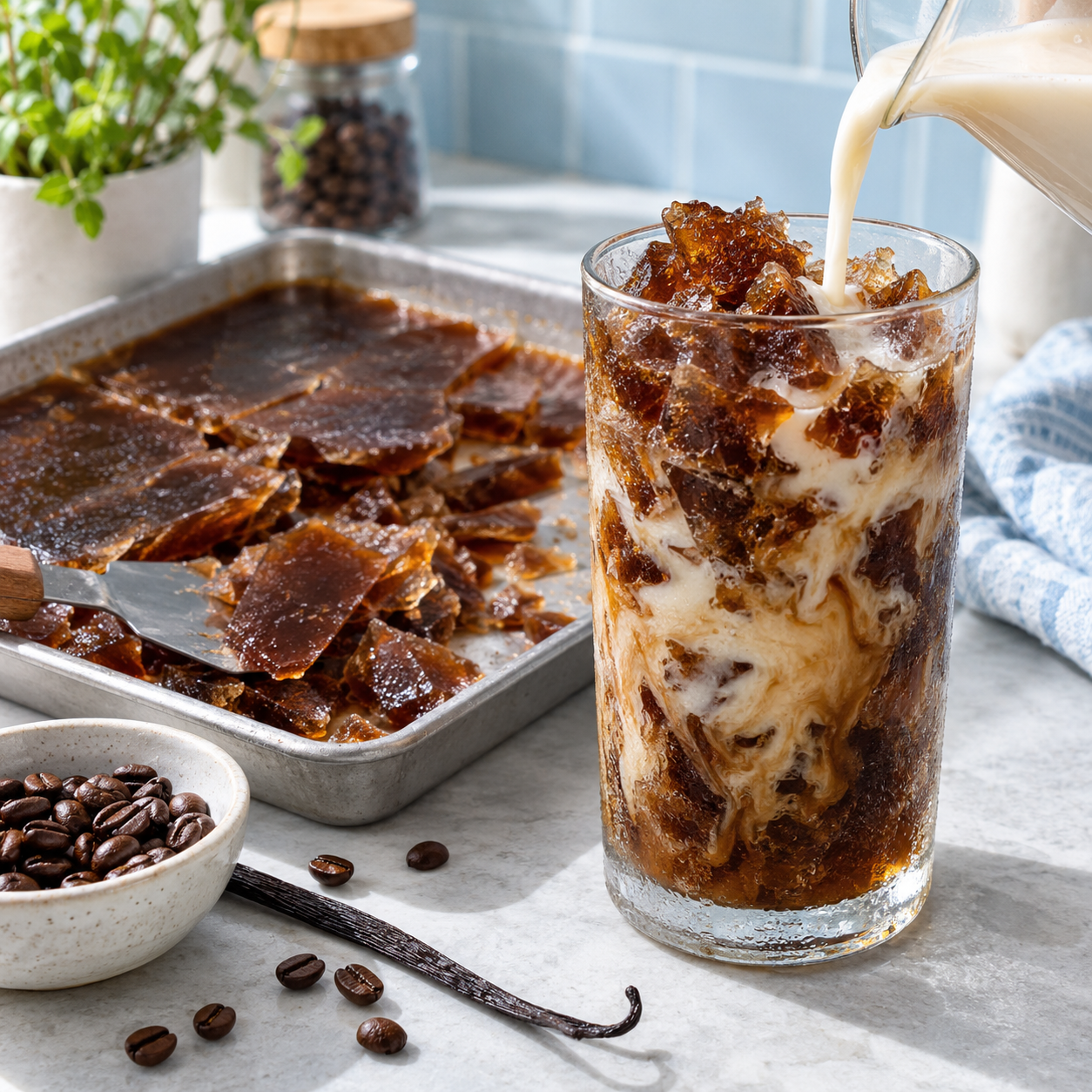 Coffee Slushie aus gefrorenem Kaffee mit Milch in einem Glas serviert