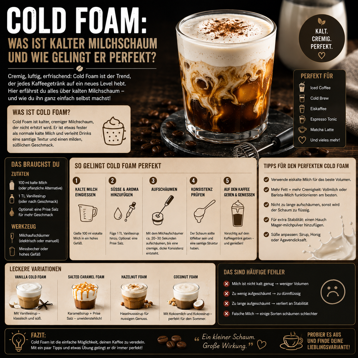 Cold Foam auf einem Eiskaffee – cremiger kalter Milchschaum mit feiner Textur für moderne Kaffeegetränke