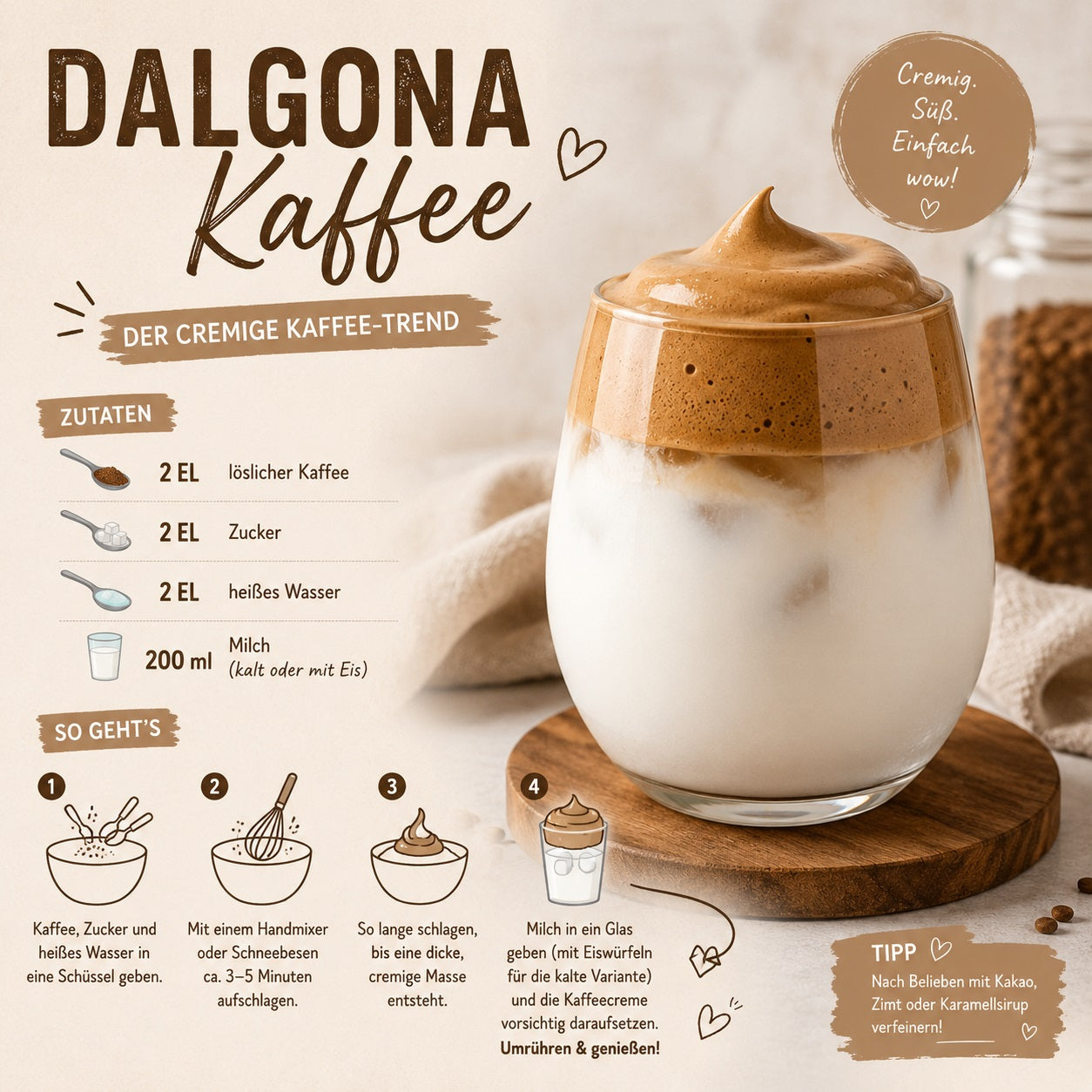 Cremiger Dalgona Kaffee mit luftigem Kaffeeschaum auf kalter Milch nach originalem Rezept.