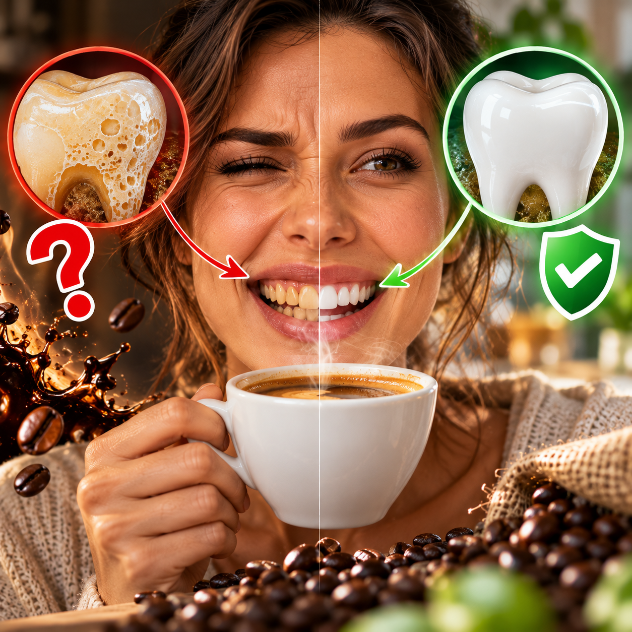 Schwarzer Espresso fliesst an weissem Zahnmodell herab neben Kaffeebohnen im dramatischen Licht zum Schmelz-Check