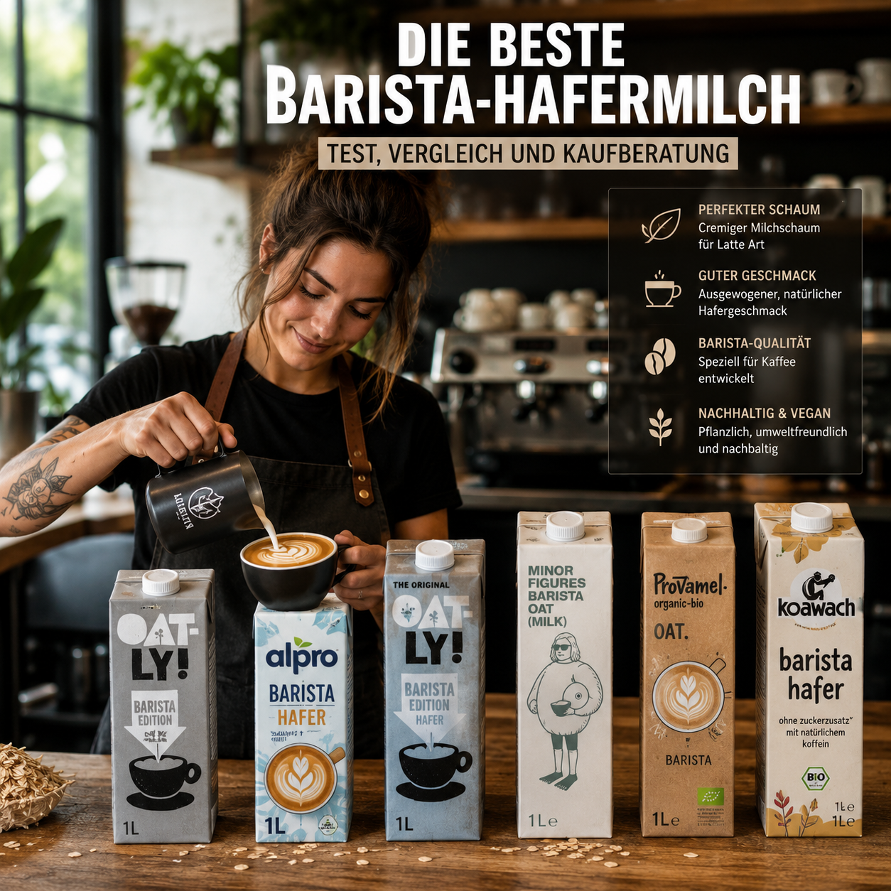 Barista-Hafermilch neben Cappuccino mit feinem Milchschaum – Vergleich der besten Sorten für Kaffee und Latte Art