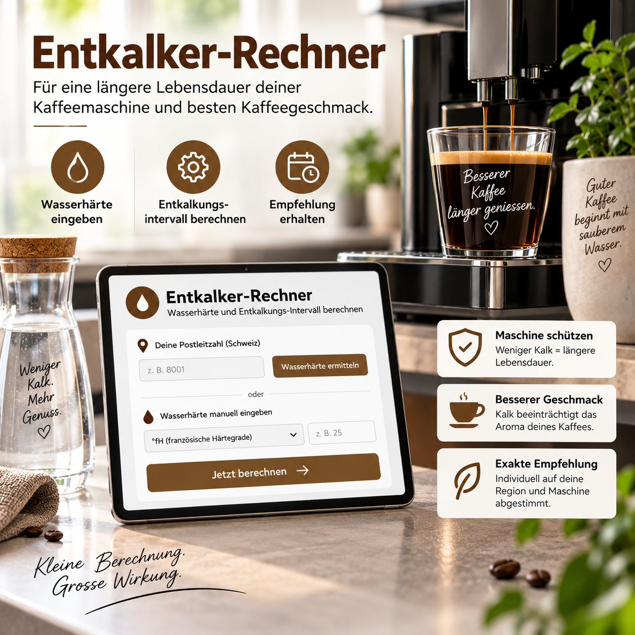 Kaffeemaschine mit Kalkablagerungen und Entkalker als Hinweis auf den richtigen Zeitpunkt zum Entkalken