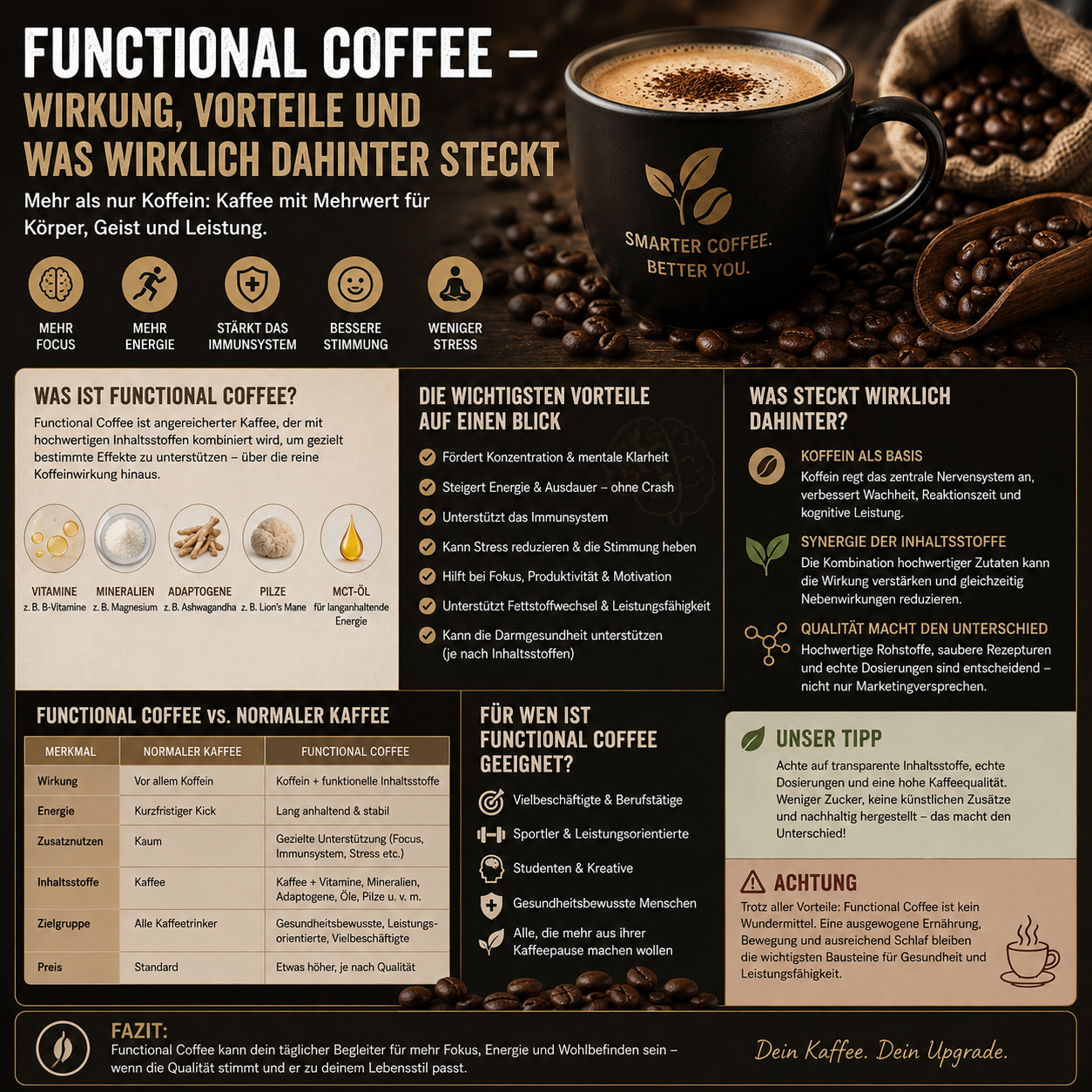 Tasse Functional Coffee mit Kaffeebohnen und funktionellen Zutaten wie Pilzextrakten und Adaptogenen im Überblick