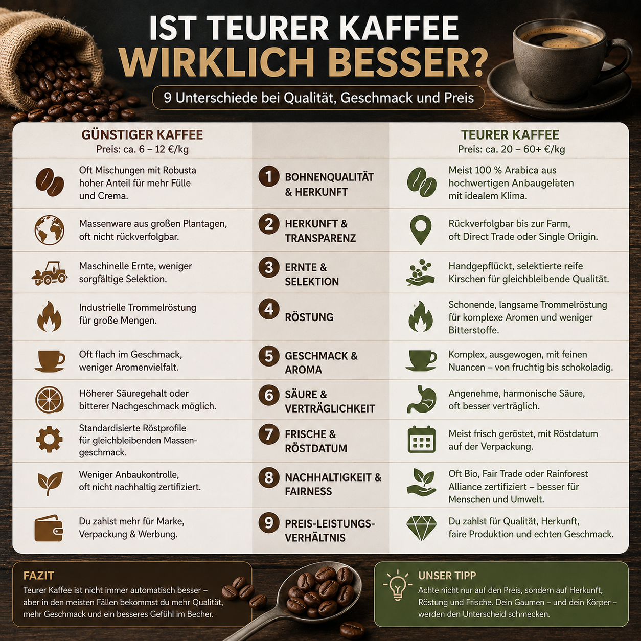 Teurer und günstiger Kaffee im Vergleich – Unterschiede bei Bohnenqualität, Röstung, Geschmack und Preis