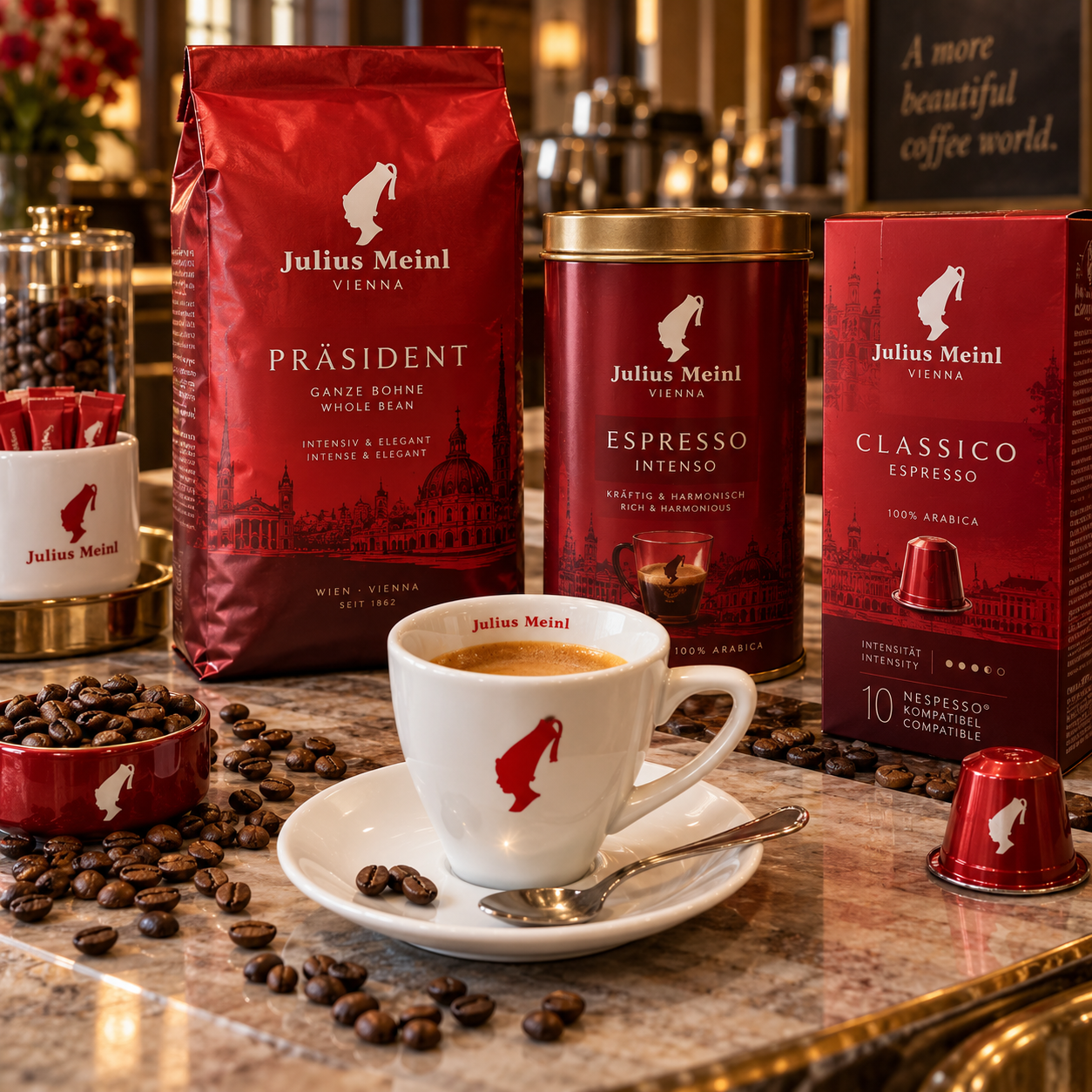 Julius Meinl Kaffee mit Kaffeebohnen, Espresso und Wiener Kaffeespezialität