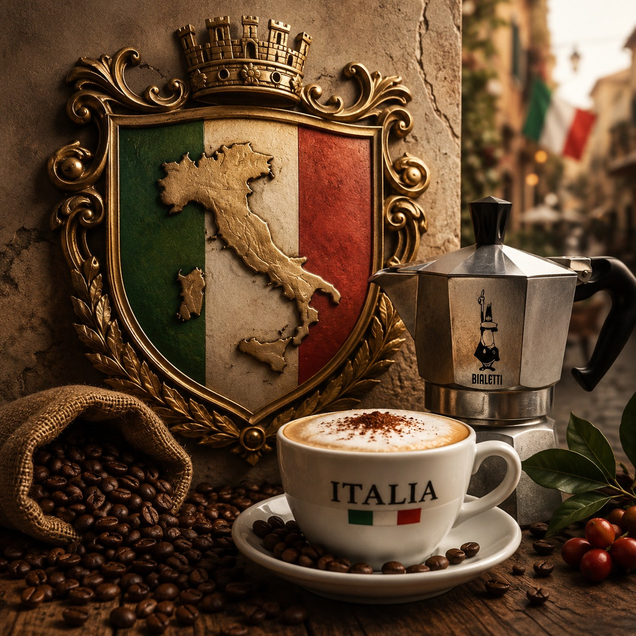 Italienischer Kaffee mit Espresso, Crema und traditionellen Kaffeebohnen – echte italienische Kaffeekultur.