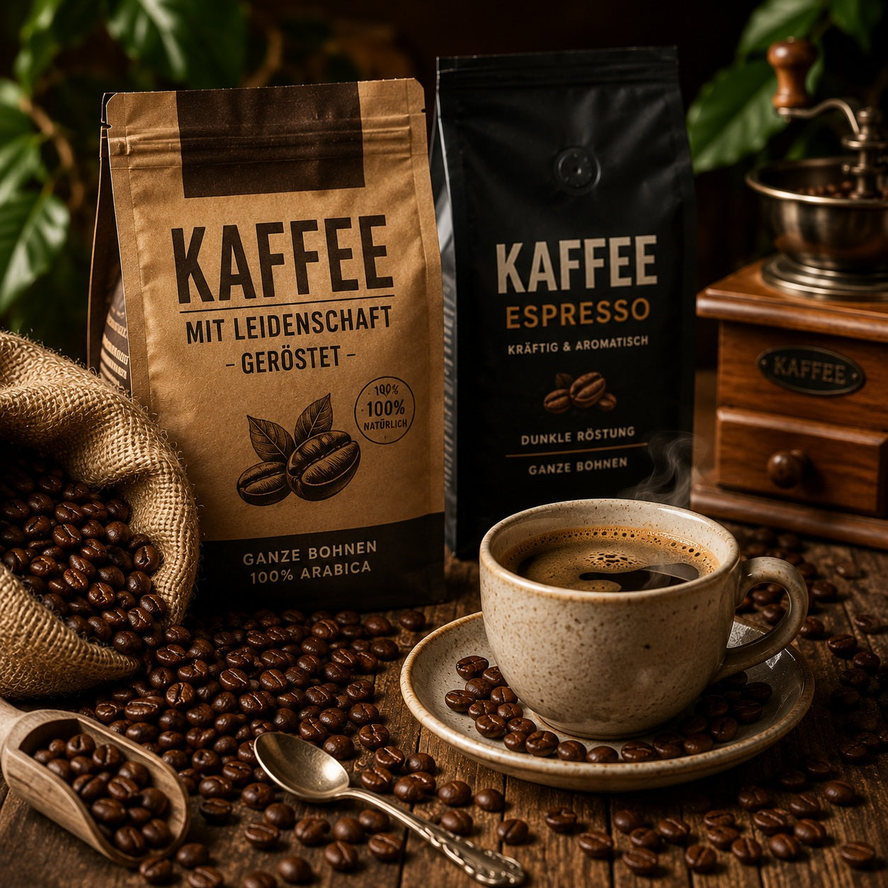 Frisch gebrühter Kaffee mit Kaffeebohnen und Espressotasse – Ratgeber zu Bohnen, Zubereitung und Genuss.