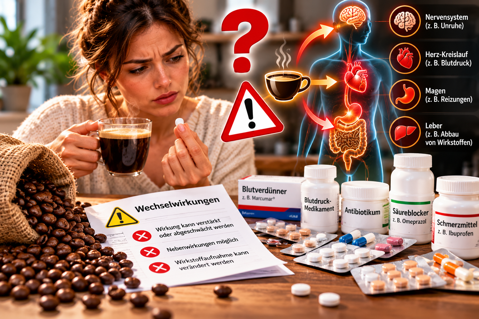 Weisse Tabletten und Kapseln liegen neben dampfender Espressotasse und Beipackzettel im dramatischen Kontrastlicht