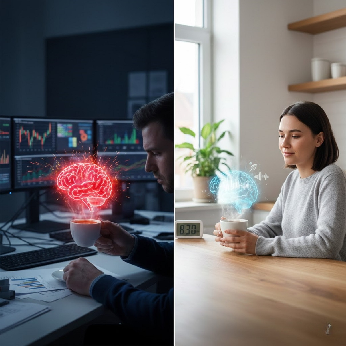 Gegenüberstellung von stressbedingter Überstimulation durch Kaffee und fokussiertem Kaffeegenuss in der Schweiz