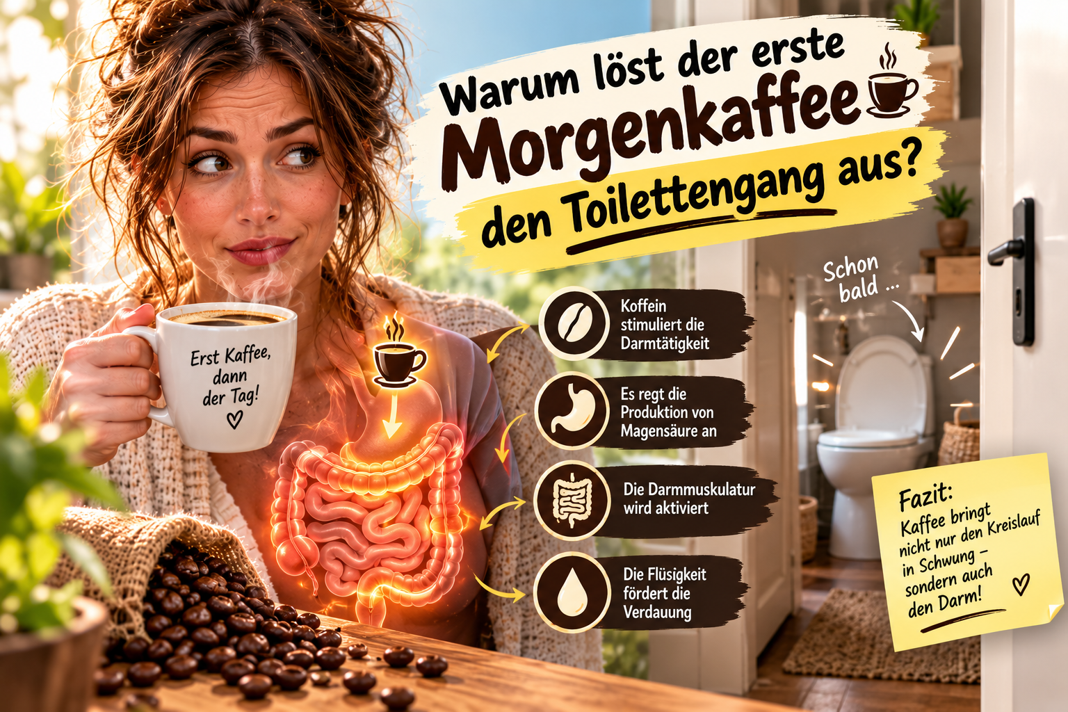 Dampfende Espressotasse steht neben einer geschlossenen weissen Badezimmertür im dramatischen Hell-Dunkel-Kontrast