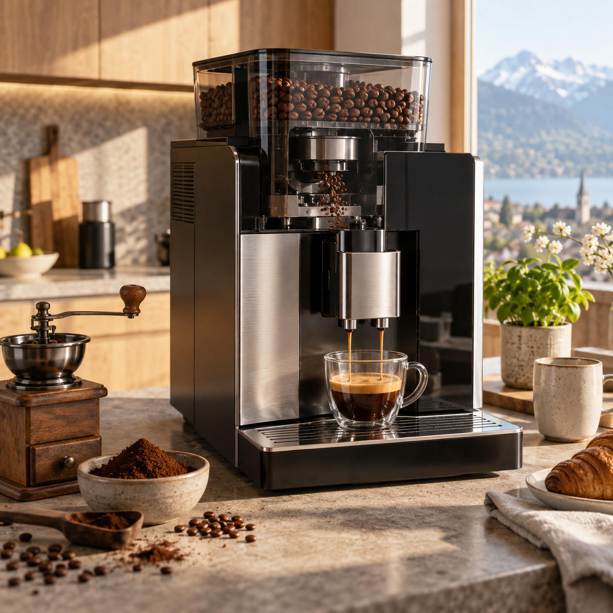 Kaffeemaschine mit integriertem Mahlwerk mahlt frische Kaffeebohnen für aromatischen Kaffee