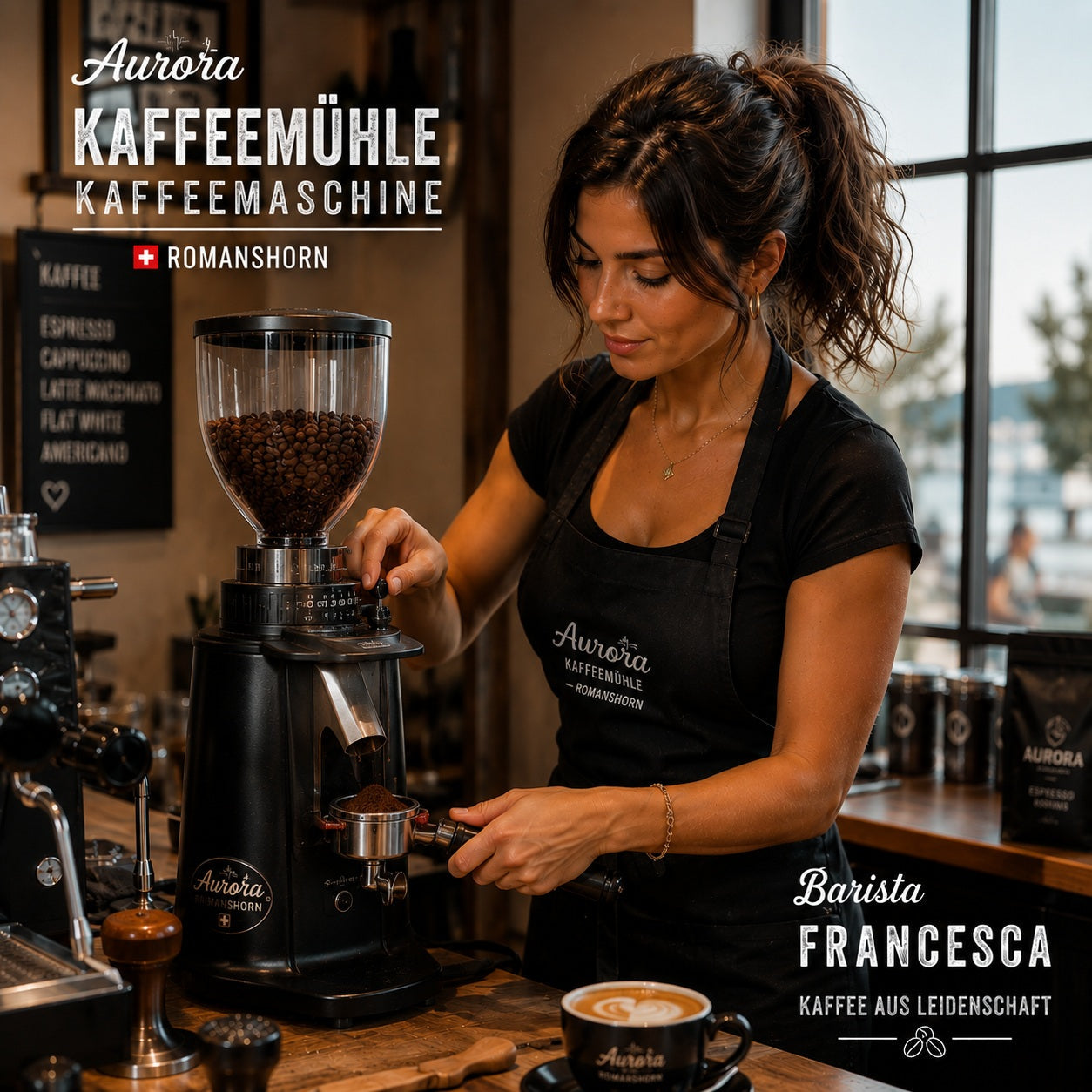 Kaffeemühle mit frisch gemahlenen Kaffeebohnen für Espresso, Filterkaffee und perfekten Kaffeegenuss.