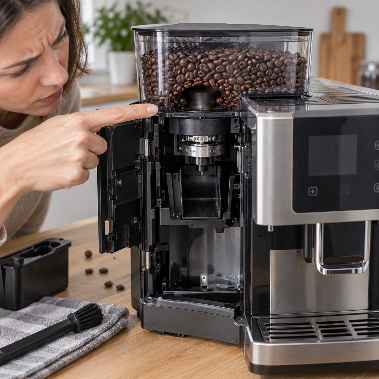 Kaffeevollautomat mit geöffnetem Bohnenbehälter bei einem Mahlwerksproblem
