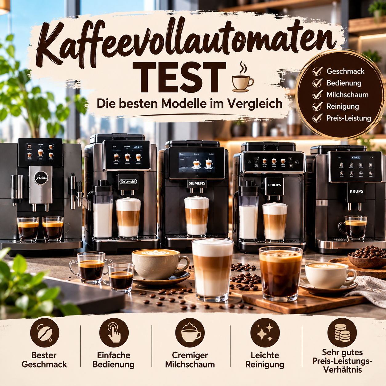 Kaffeevollautomaten im Test und Vergleich mit Espresso, Mahlwerk, Milchsystem und Reinigungsfunktionen