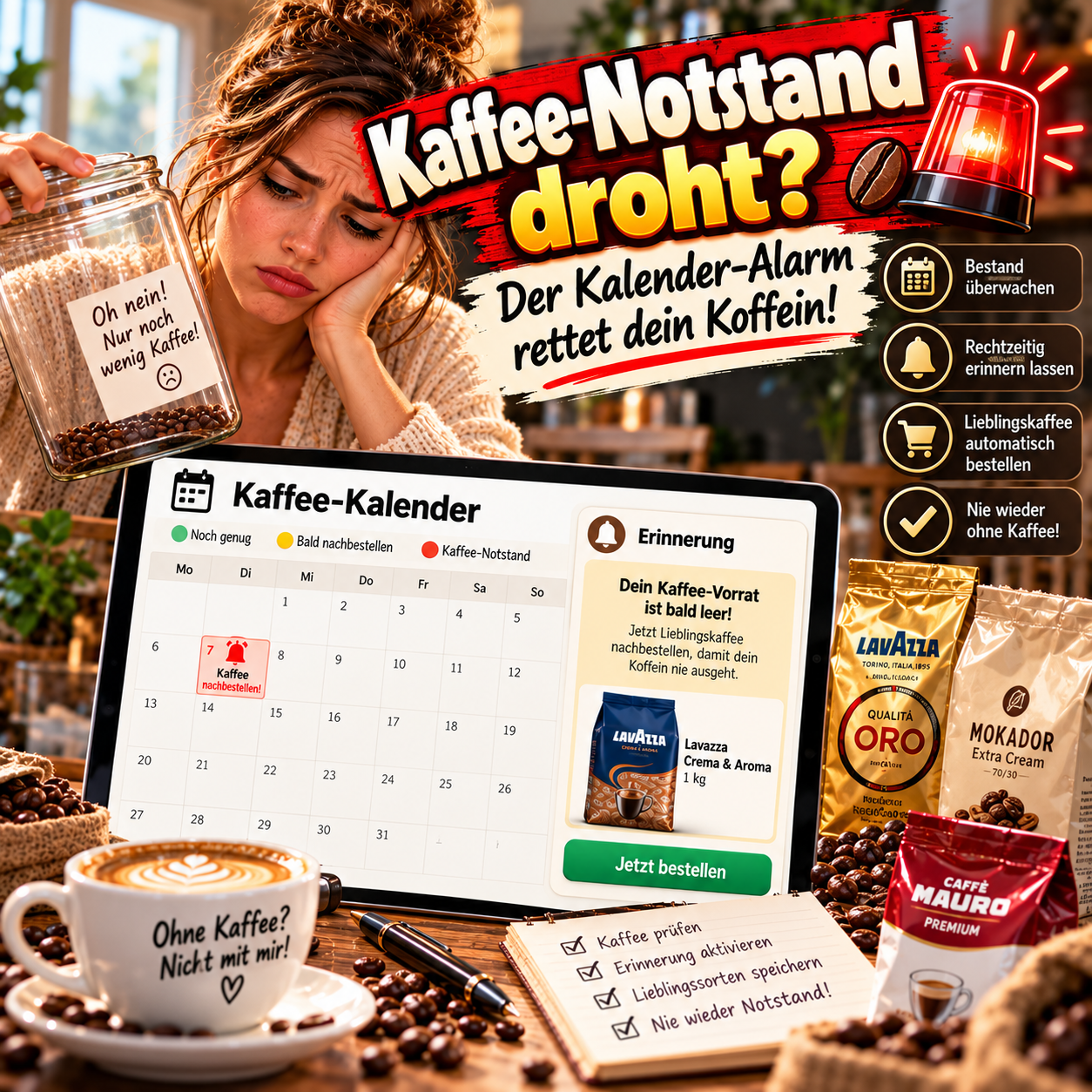 Leere Kaffeetüte neben Smartphone mit aufleuchtendem Kalender-Alarm und vollem Espresso-Glas im Dramatik-Licht