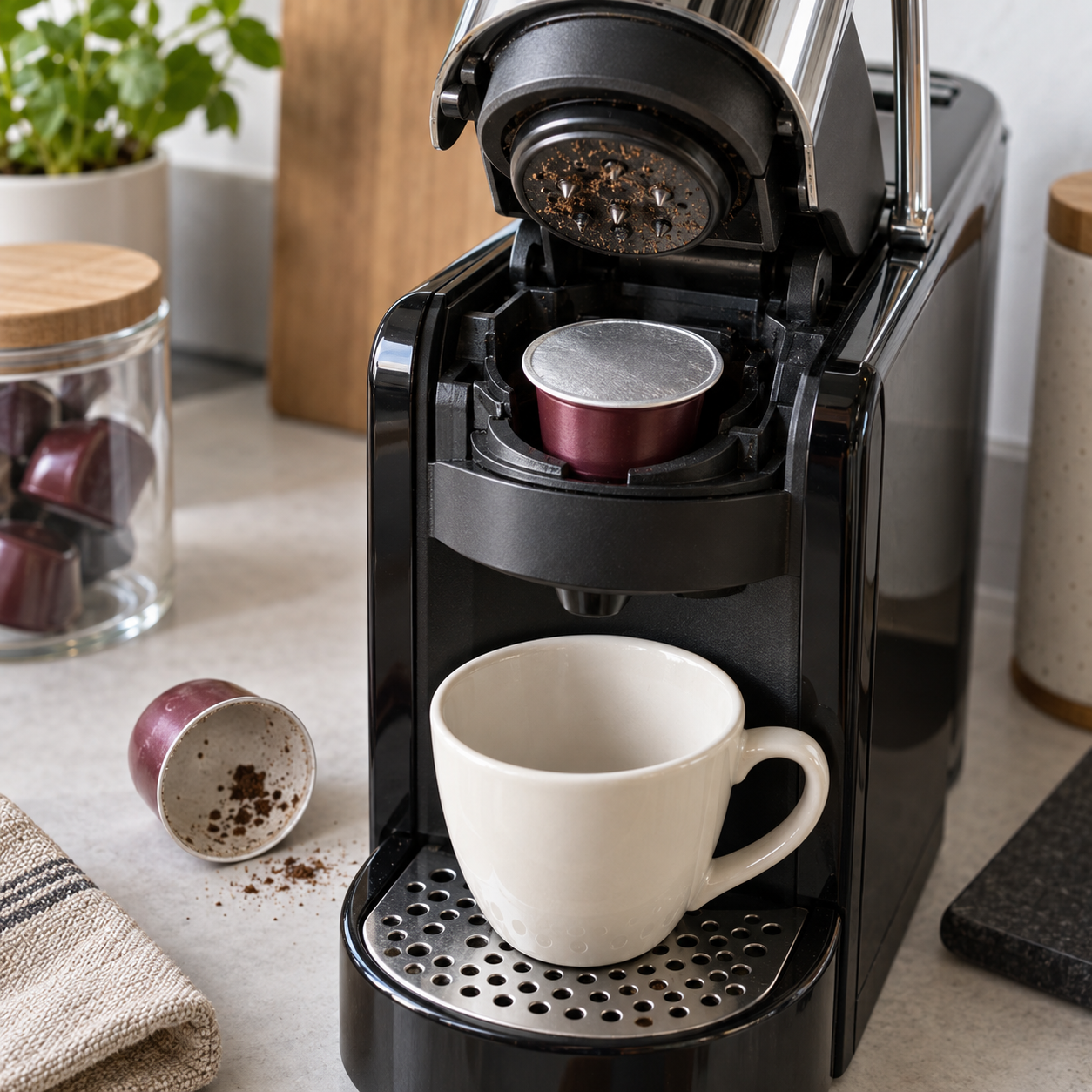 Kapselmaschine mit nicht durchstochener Kaffeekapsel im Kapselschacht