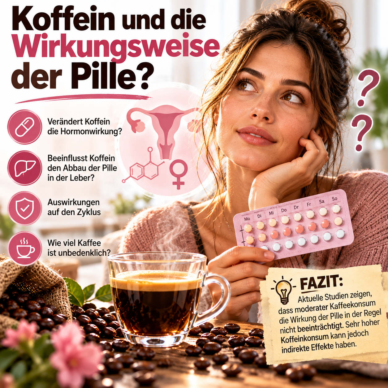 Koffein verringert die empfängnisverhütende Wirkung der Pille nach heutigem Wissensstand nicht.