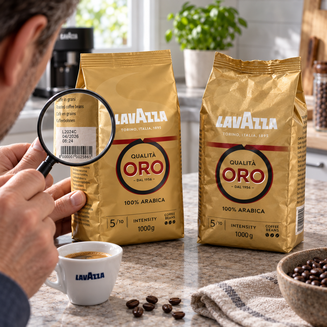 Originale Lavazza Kaffeepackung neben typischen Verpackungsmerkmalen zur Echtheitsprüfung