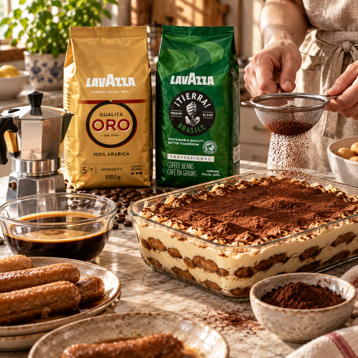 Espresso aus Lavazza Kaffee neben einem frisch zubereiteten Tiramisu