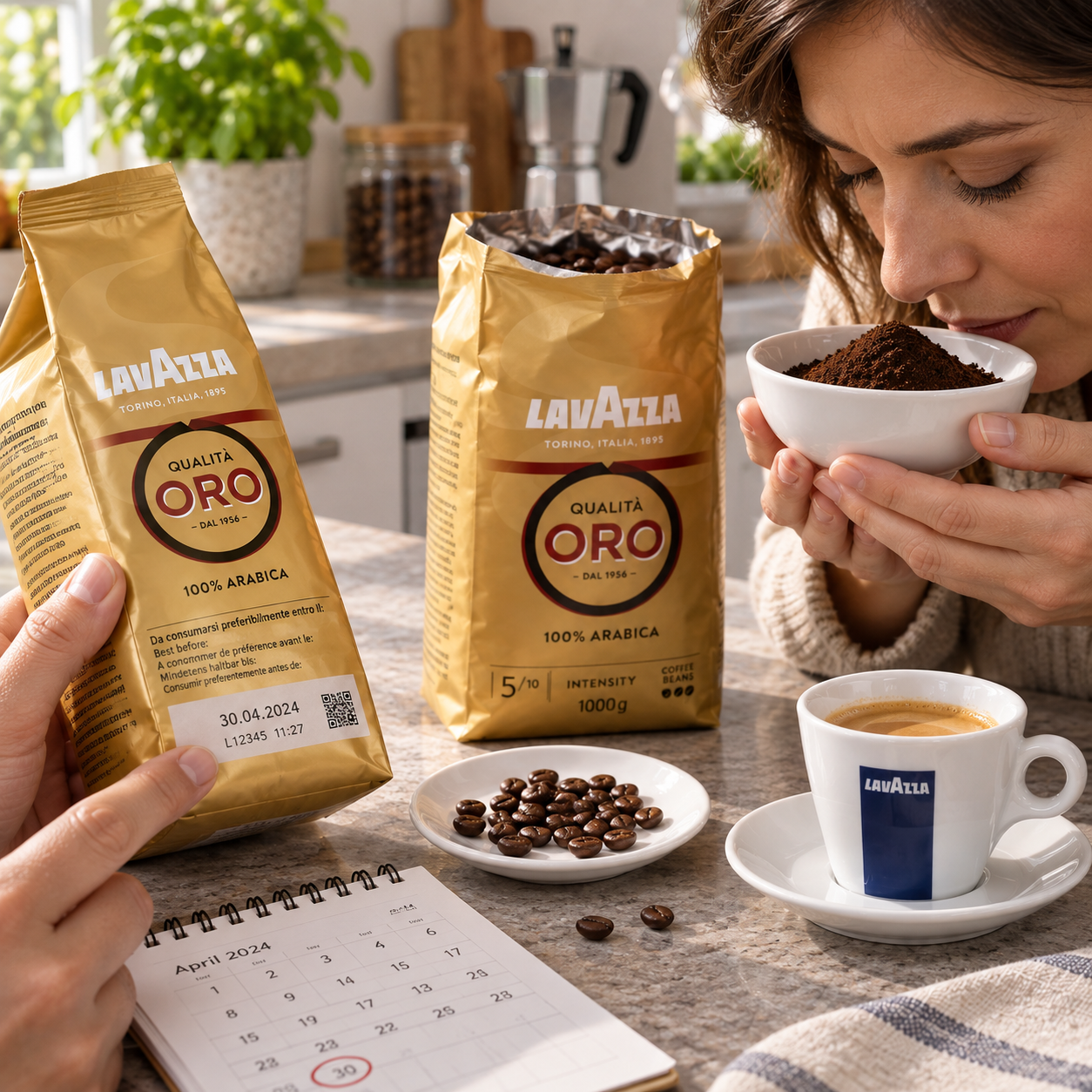 Lavazza Kaffeepackung mit aufgedrucktem Mindesthaltbarkeitsdatum neben Espressotasse
