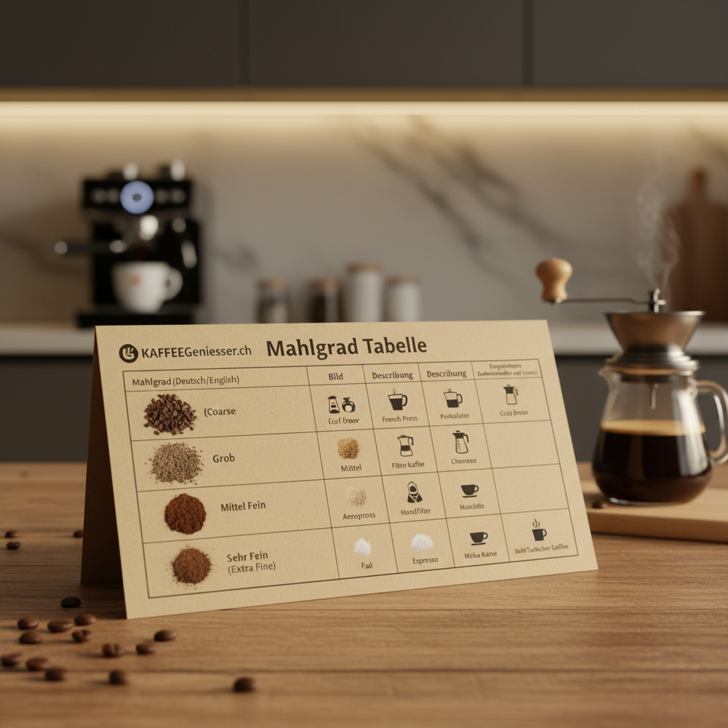 affee Mahlgrad Tabelle für Espresso, Filterkaffee und French Press – richtige Mahlgradeinstellung für perfekten Kaffeegenuss in der Schweiz