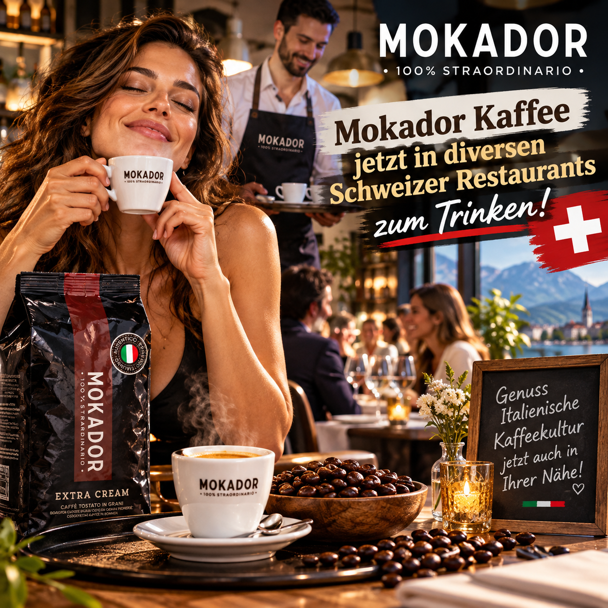 Kellner serviert dampfende Tasse Mokador Espresso mit feinporiger Crema auf Holztisch in belebtem Schweizer Restaurant