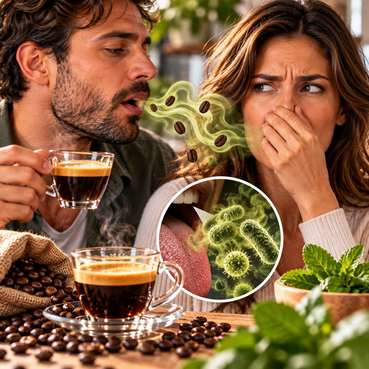 Dampfende Kaffeetasse neben aufgeschnittener Minze und frischem Glas Wasser im extremen Hell-Dunkel-Kontrast auf Holztisch