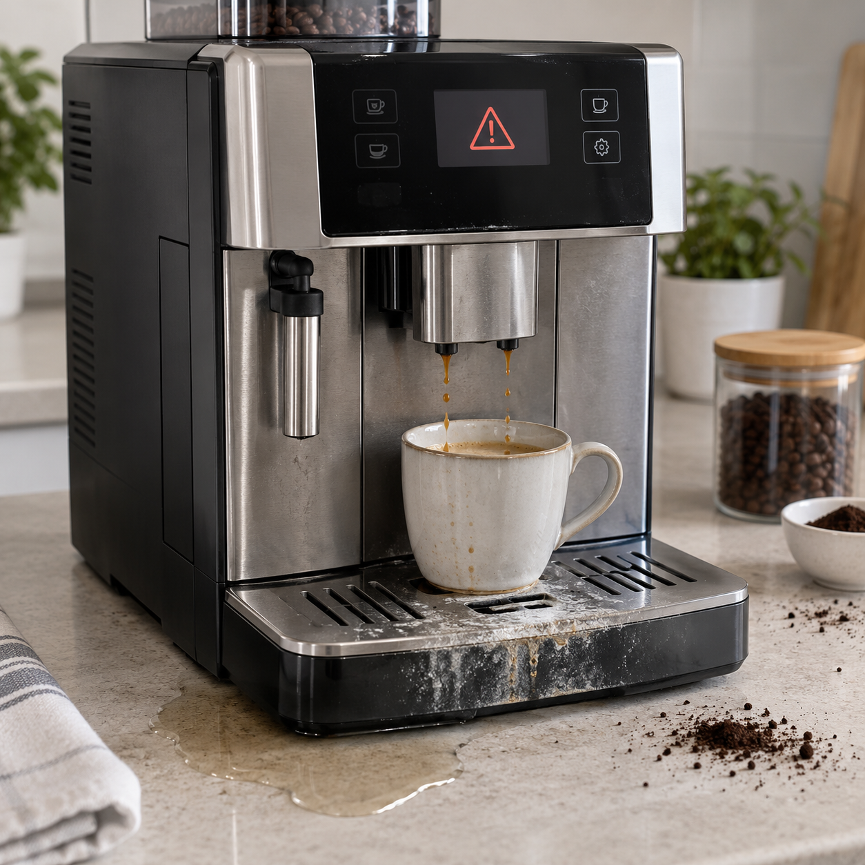Kaffeemaschine mit typischen Fehlern wie Wassermangel, Störung und schlechter Kaffeeausgabe
