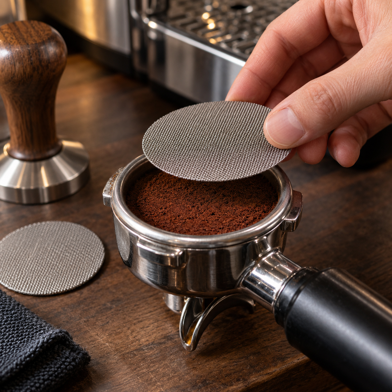 Puck Screen aus Edelstahl auf einem Kaffeepuck im Siebträger