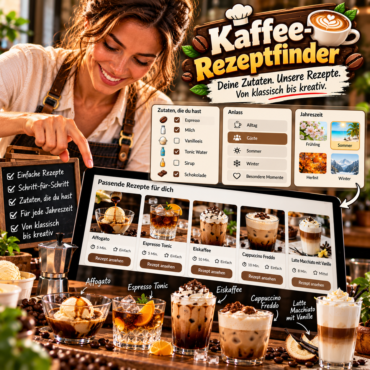 Schichtkaffee mit Eiswürfeln, Tonic und Kaffeebohnen neben Kugel Vanilleeis in Schale im dramatischen Barista-Licht