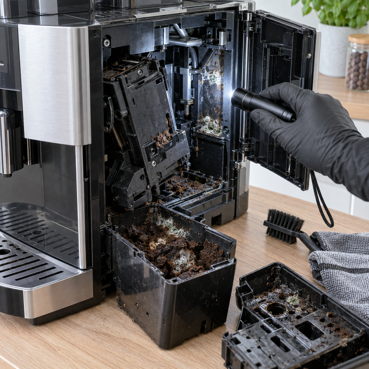 Geöffneter Kaffeevollautomat mit sichtbaren Schimmelspuren im Innenbereich