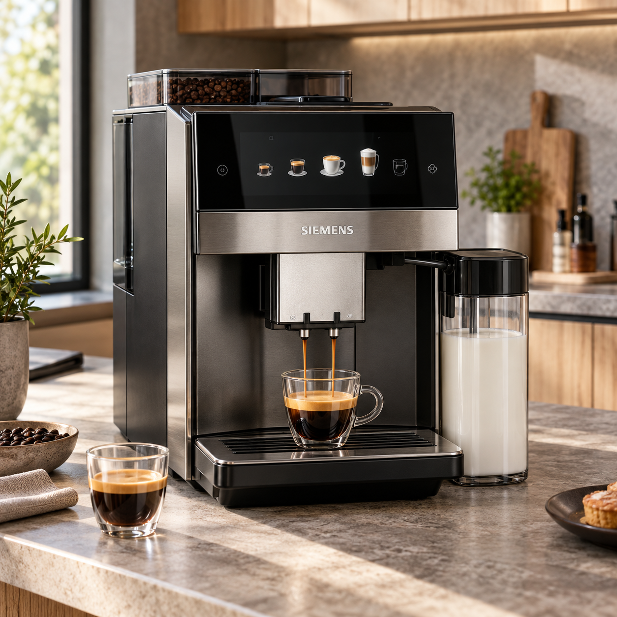 Siemens Kaffeevollautomat bei der Espressozubereitung mit dichter Crema und modernem Design