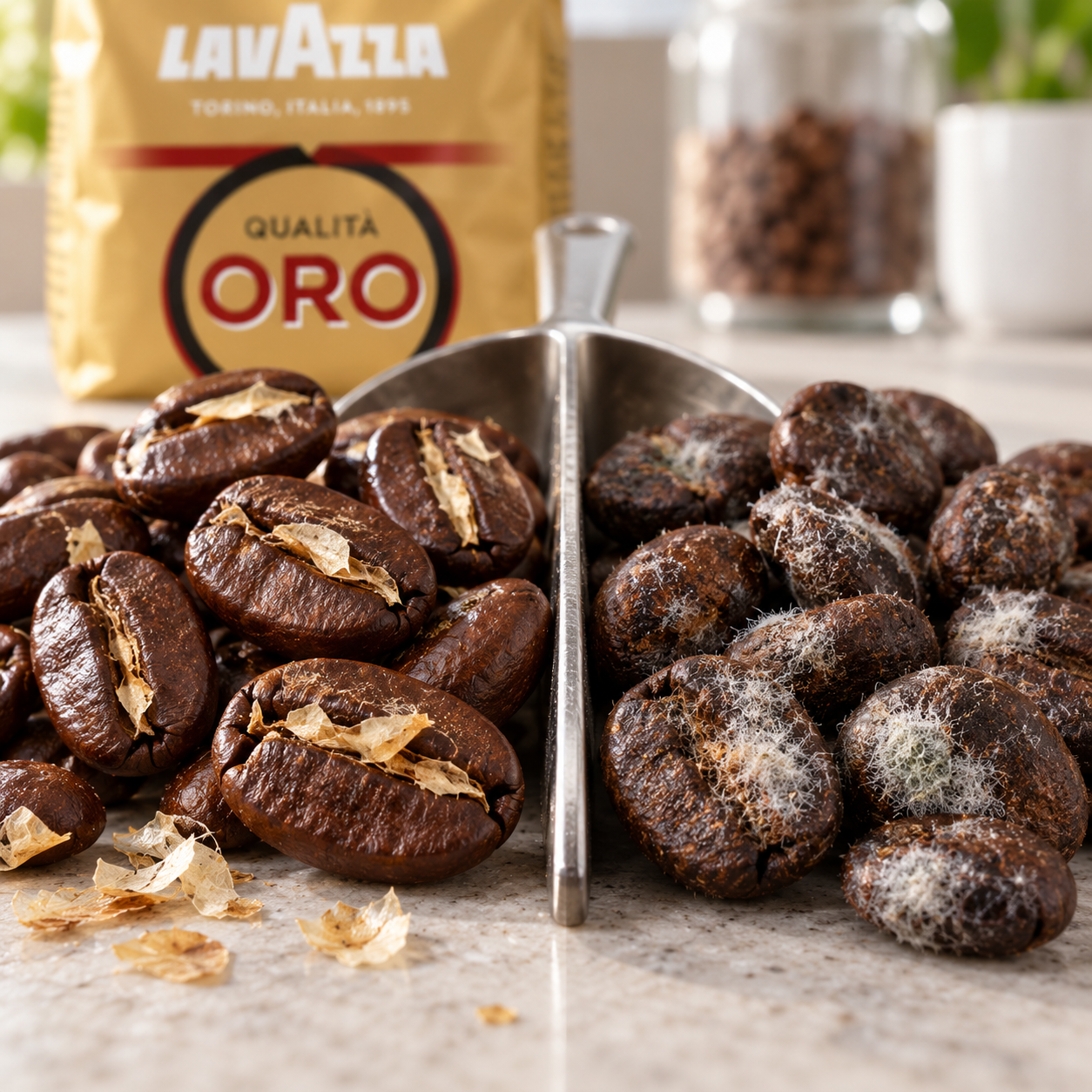 Lavazza Kaffeebohnen mit sichtbaren Silberhäutchen auf der Oberfläche