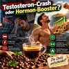 Dampfende Espressotasse vor stilisierter Hormonkurve und kraftvollem Bizeps im dramatischen Hell-Dunkel-Kontrast