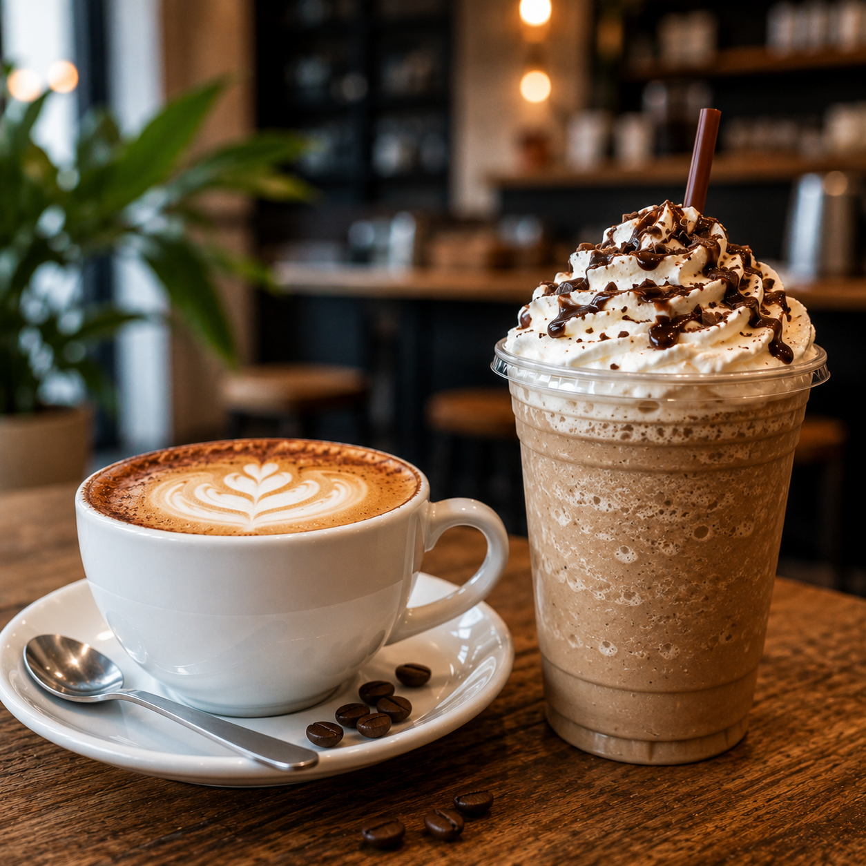 Cappuccino mit Milchschaum und Frappuccino mit Eis im direkten Vergleich – Unterschiede bei Zutaten und Zubereitung