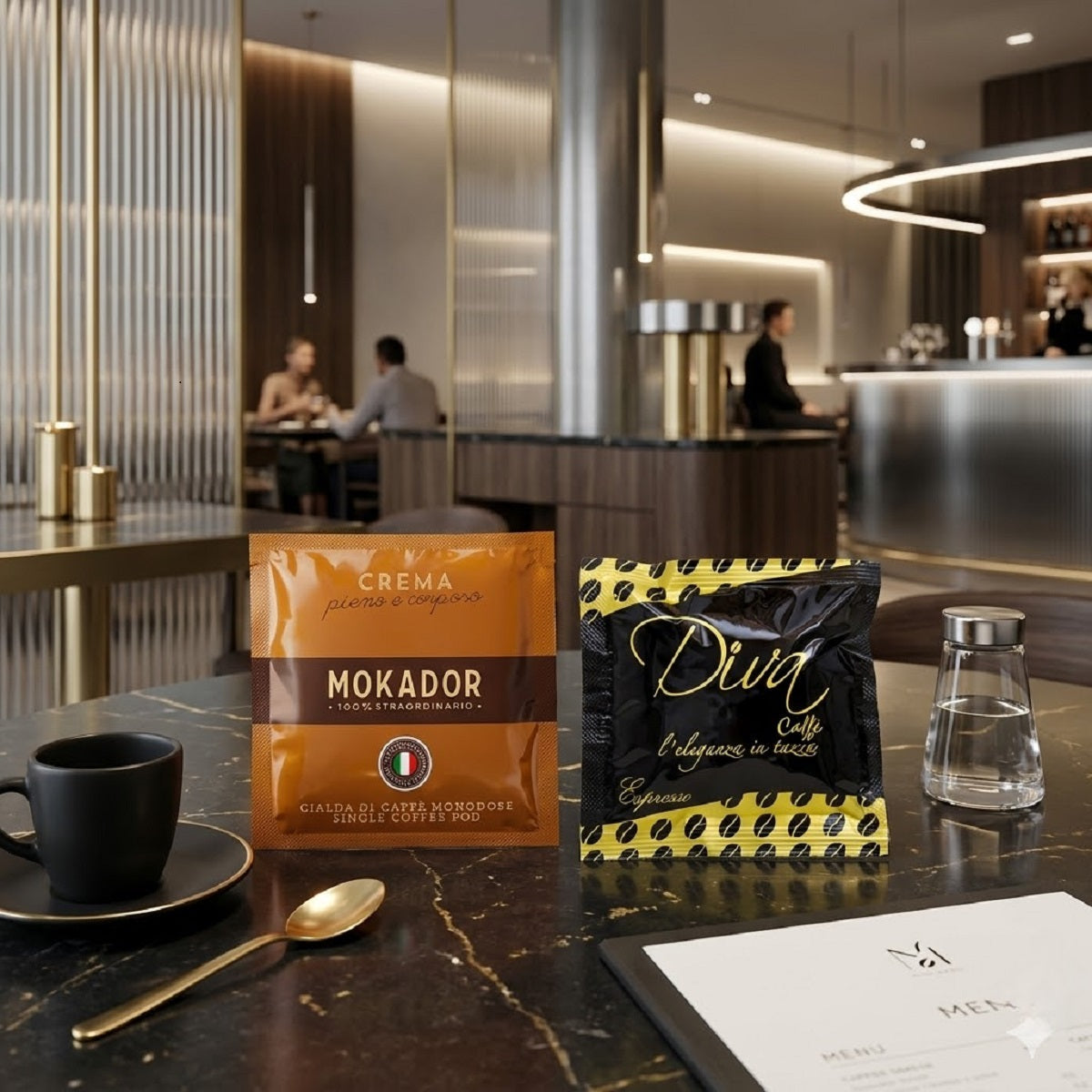 Vergleich von Diva Caffè Espresso und Mokador Crema E.S.E. Pads für Espresso und Cappuccino.