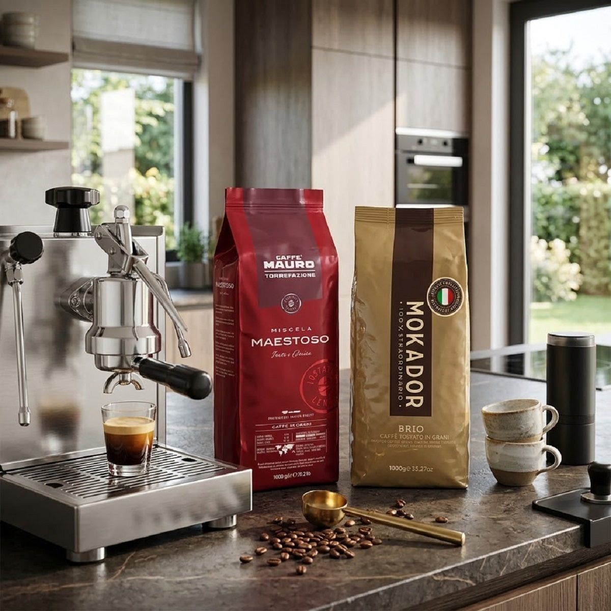 Vergleich von Caffè Mauro Maestoso und Mokador Brio für Espresso, Crema und Café Crème.