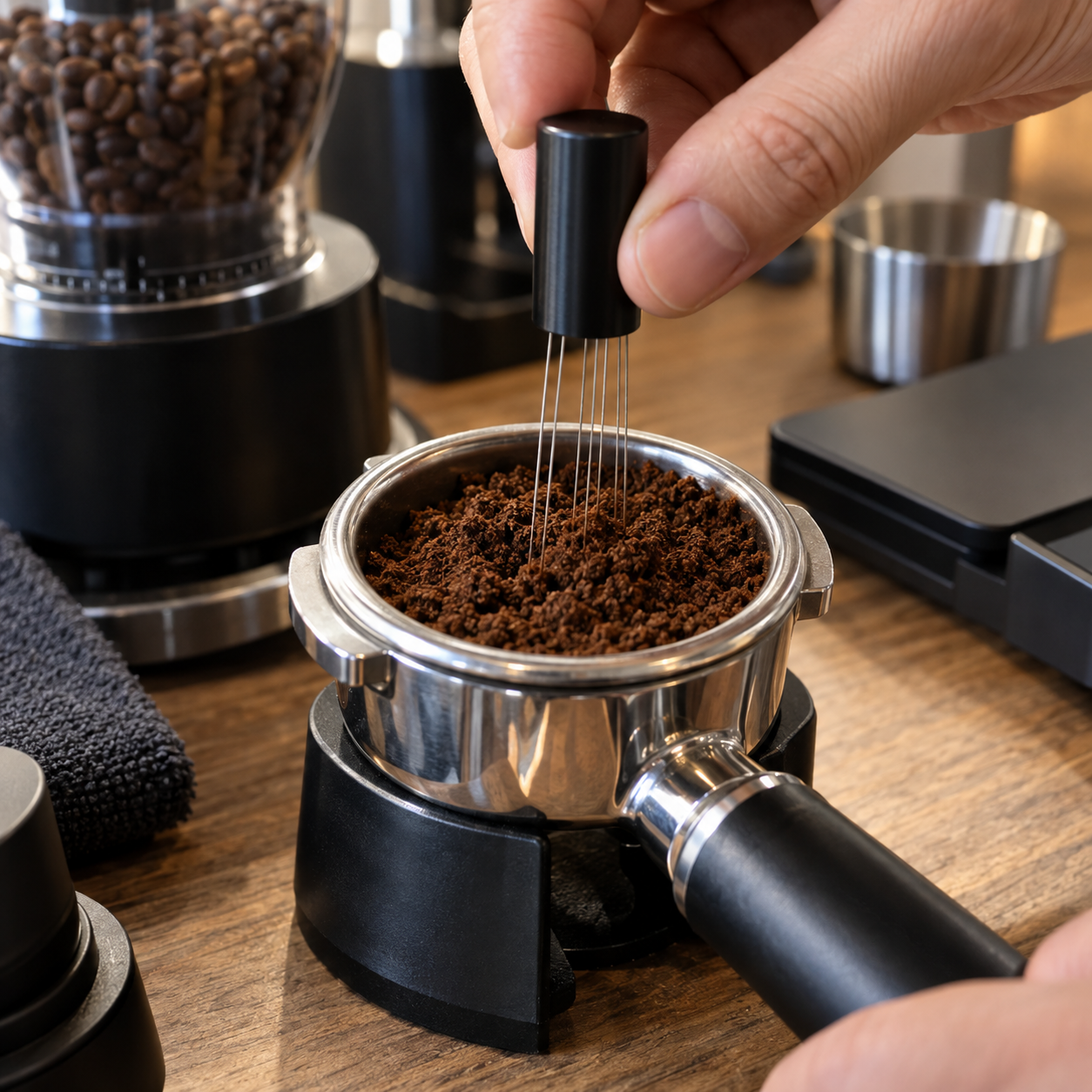 WDT Tool verteilt frisch gemahlenes Kaffeemehl gleichmässig im Siebträger
