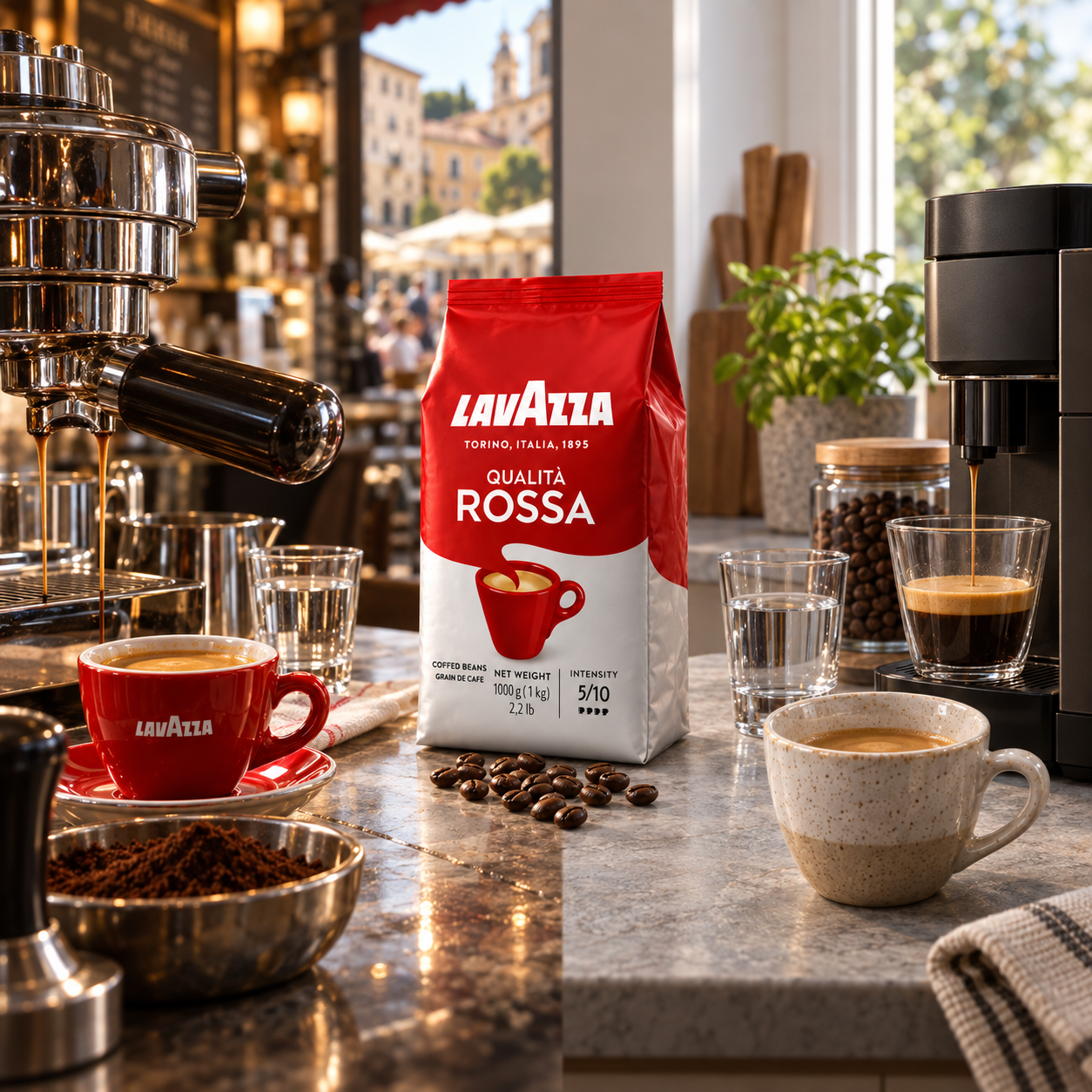 Lavazza Espresso aus dem Vollautomaten neben Espressotasse mit dichter Crema