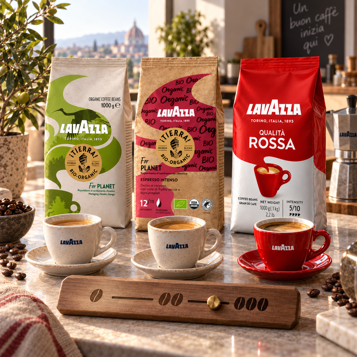 Lavazza Kaffeepackung mit Intensitätsskala neben einem frisch gebrühten Espresso
