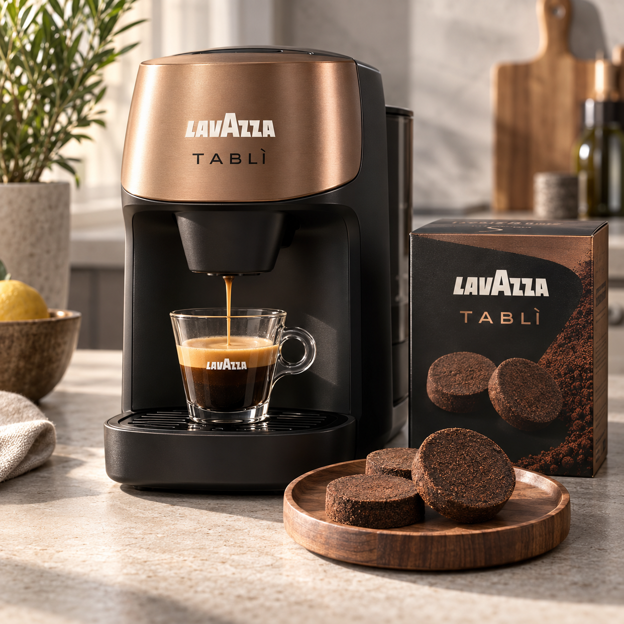 Lavazza Tablì Kaffeesystem mit Kaffeeportion und frisch gebrühtem Espresso