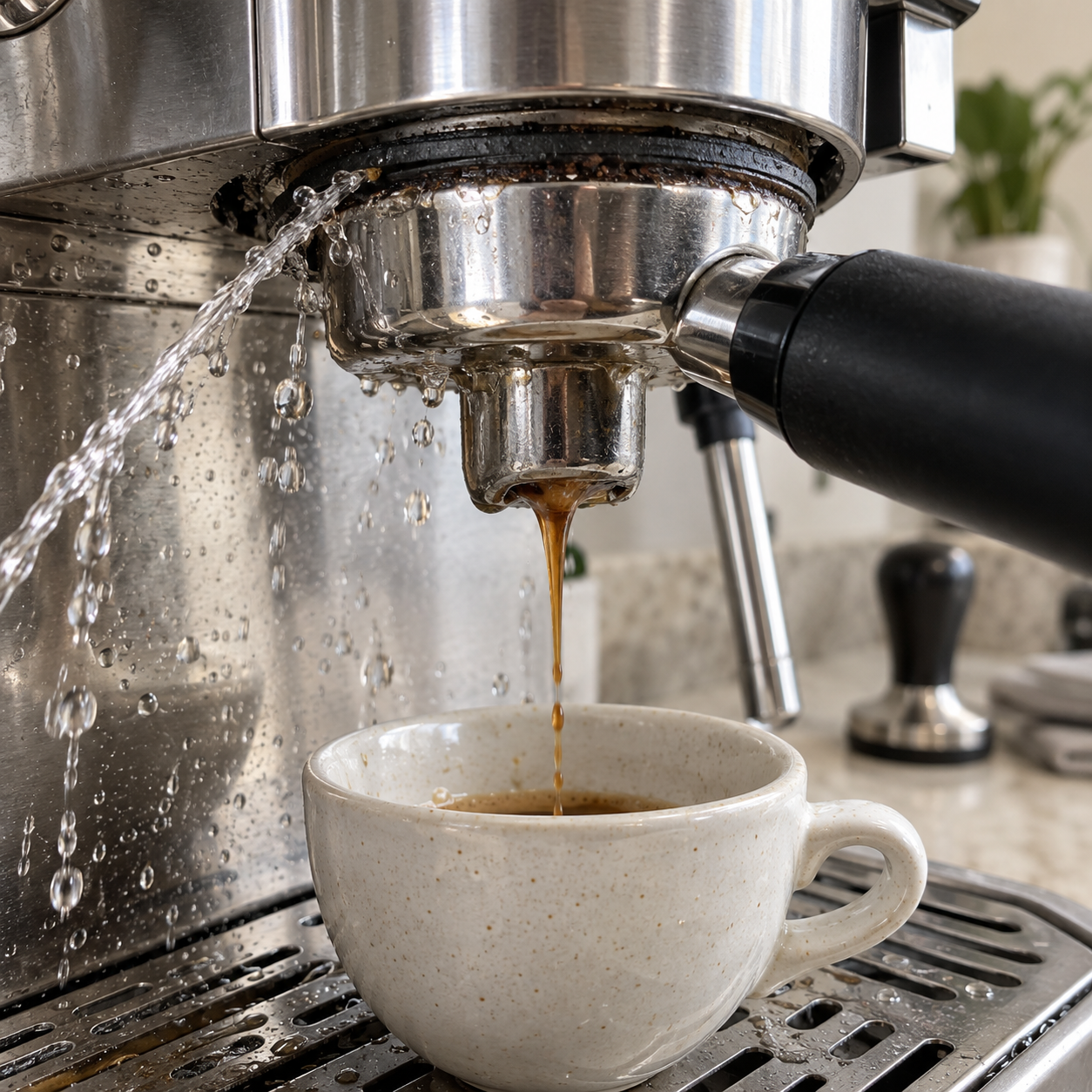 Wasser tritt während der Espressozubereitung am Siebträger aus
