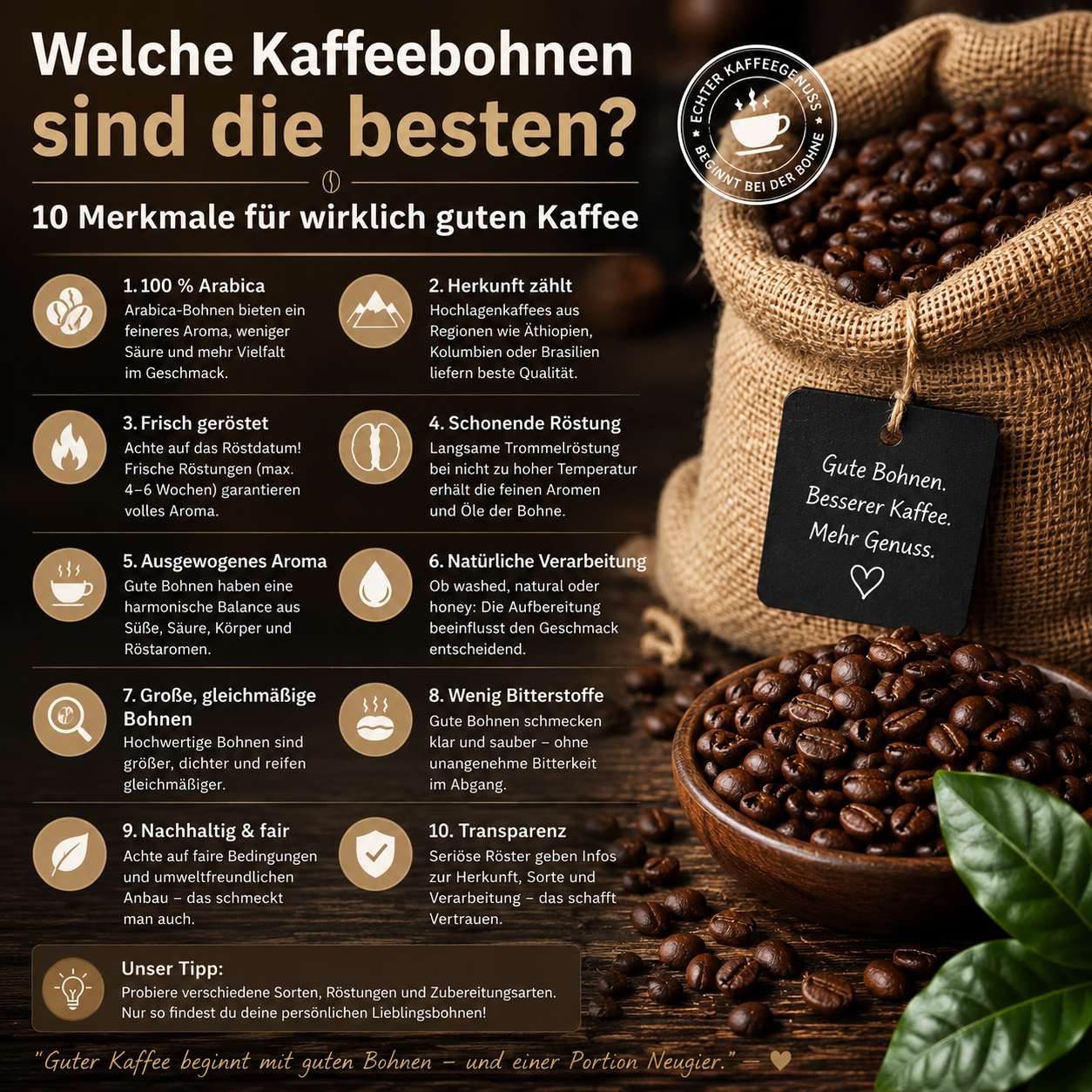 Hochwertige Kaffeebohnen in Nahaufnahme – Qualitätsmerkmale, Röstung und Unterschiede guter Kaffeebohnen