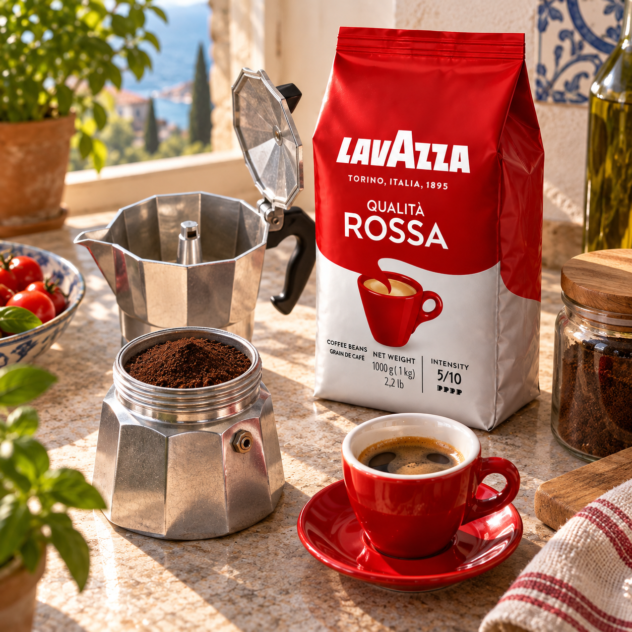 Lavazza Kaffee neben einer Bialetti Moka Express und einer frisch gefüllten Espressotasse