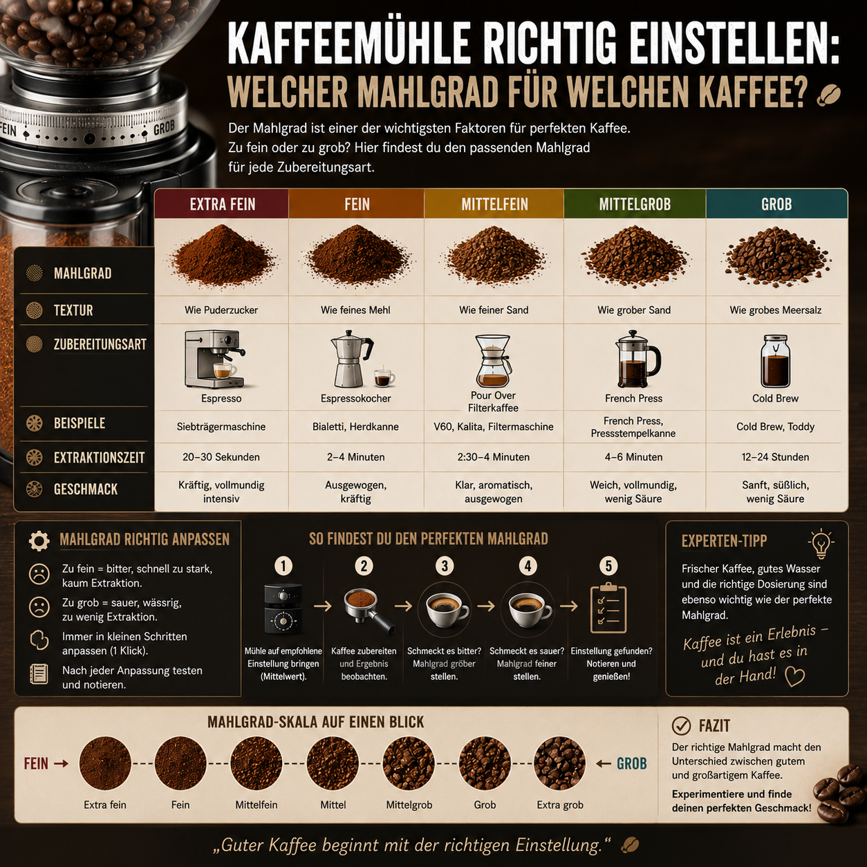 Kaffeemühle mit unterschiedlich gemahlenem Kaffee – Mahlgrade für Espresso, Café Crème und Filterkaffee im Vergleich