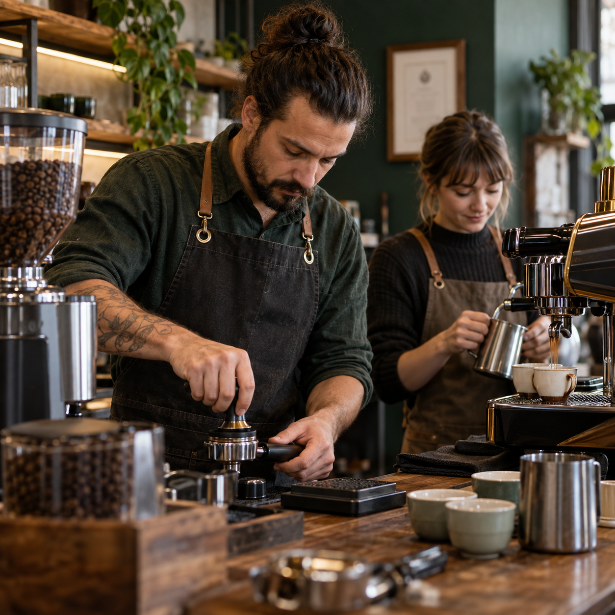 Barista bereitet Espresso an einer professionellen Siebträgermaschine zu