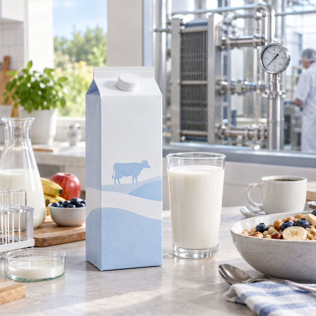 Glas UHT-Milch neben einer Kaffeetasse als Vergleich zu frischer Milch