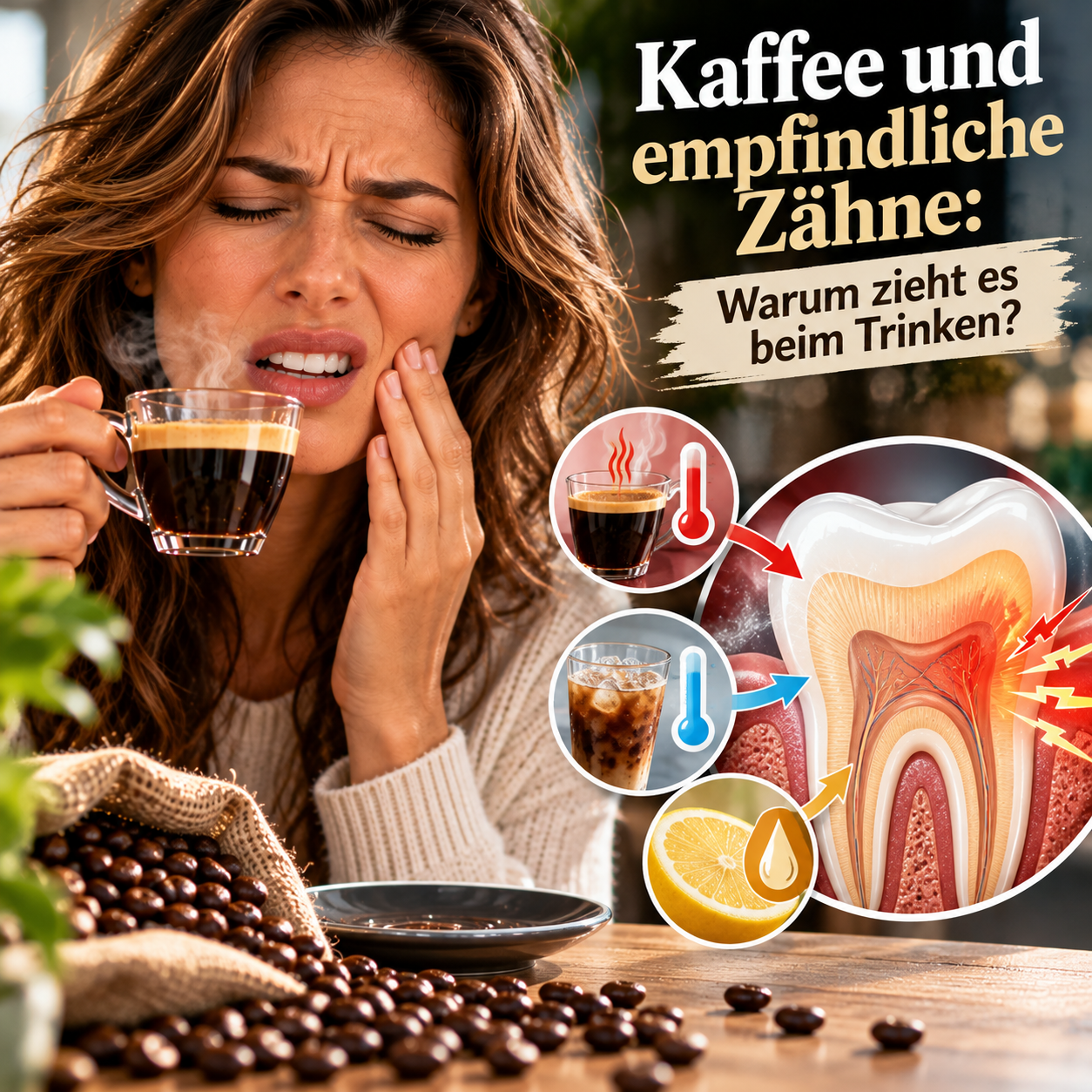 Dampfende Espressotasse neben transparentem Zahnmodell mit rot leuchtendem Nerv im dramatischen Hell-Dunkel-Kontrast