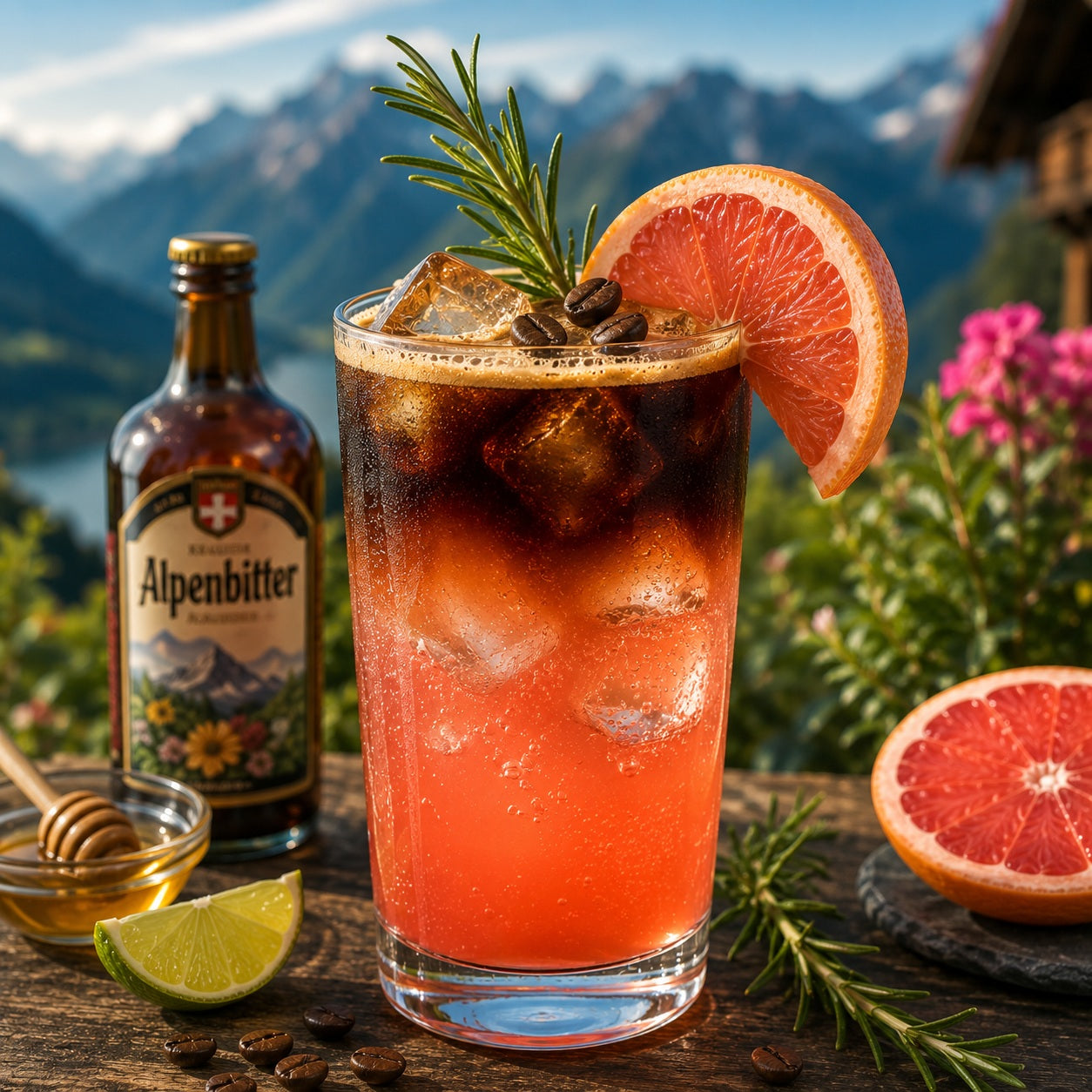 Alpen Grapefruit Kaffee Traum mit Espresso, Pink Grapefruit, Alpenbitter, Eiswürfeln und Rosmarin.